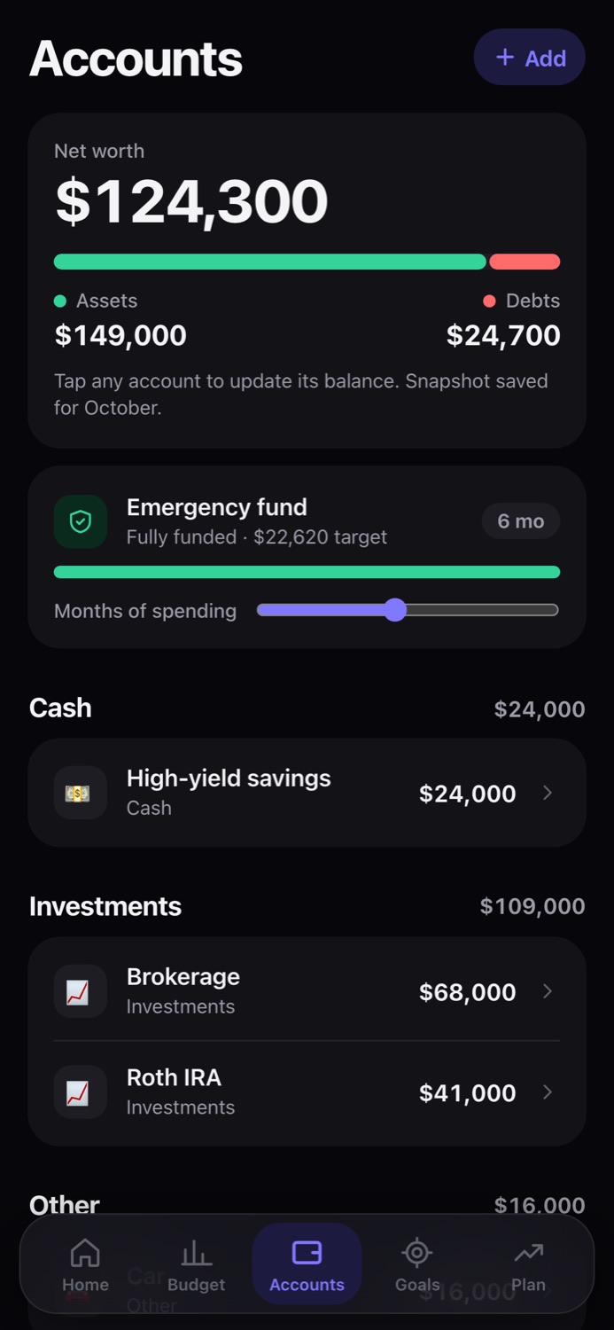 Accounts screen: assets of $149,000, debts of $24,700, and a fully funded emergency fund